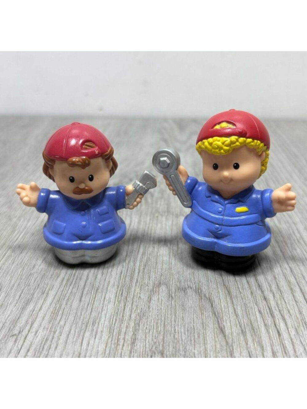 2 Fisher Price Little People Mechanic Blue With Red Hat Wrench Lot